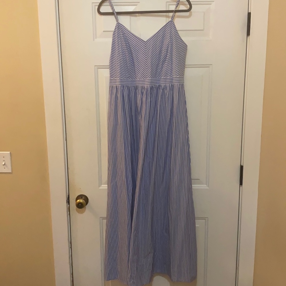 Blue and white striped maxi dress